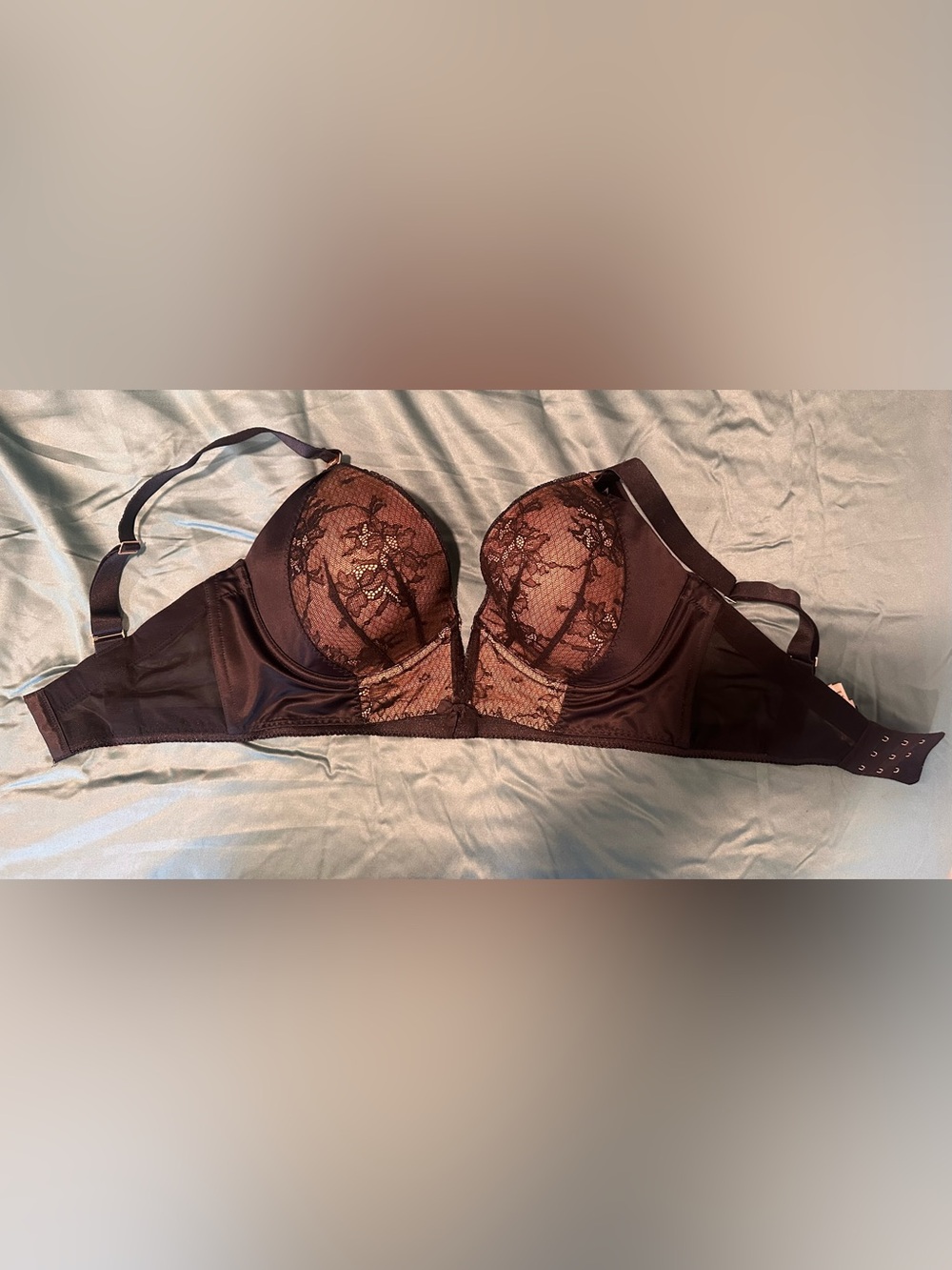 Lace Plunge Bra in Deep Brown with Satin Accents